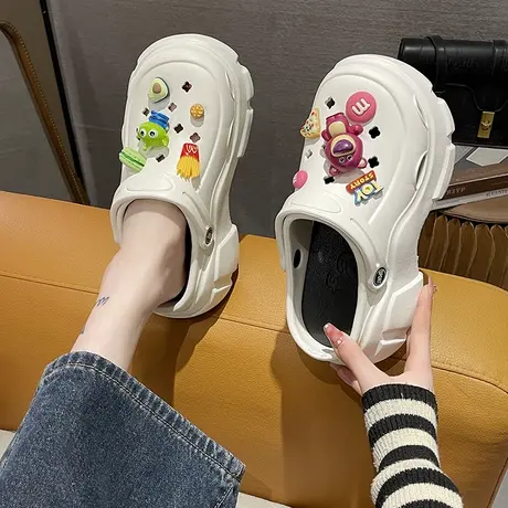 高跟洞洞鞋女夏季时尚网红外穿可爱卡通小熊踩屎感厚底包头凉拖鞋商品大图