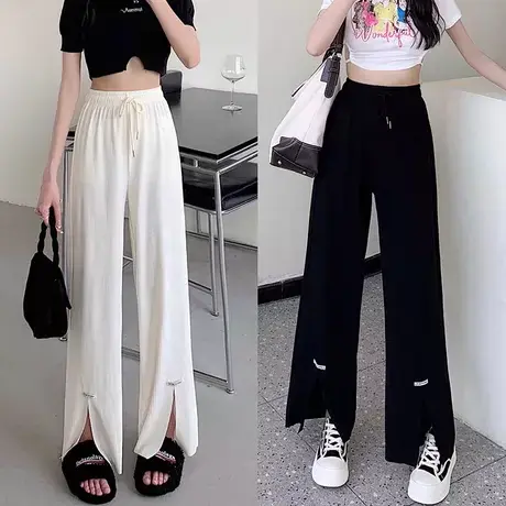 大码胖MM设计感开叉阔腿裤女装夏季宽松高腰遮肉休闲裤子女200斤图片