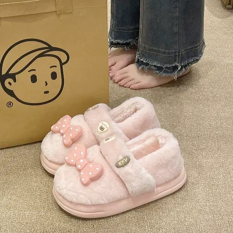 少女心蝴蝶结棉拖鞋女冬季外穿居家防滑厚底毛绒保暖可爱包跟棉鞋商品大图