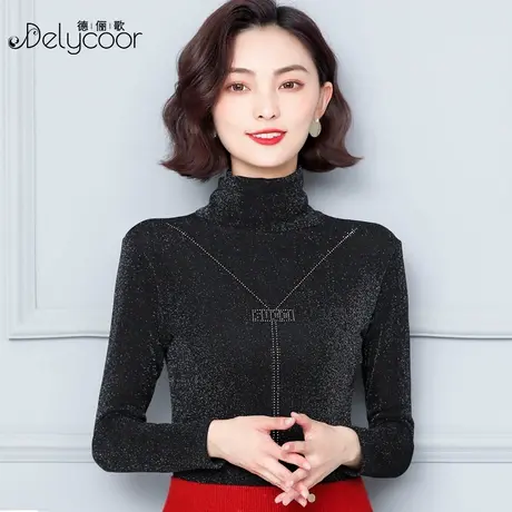 高领网纱打底衫女秋冬加绒长袖堆堆领修身百搭T恤衫内搭蕾丝上衣商品大图