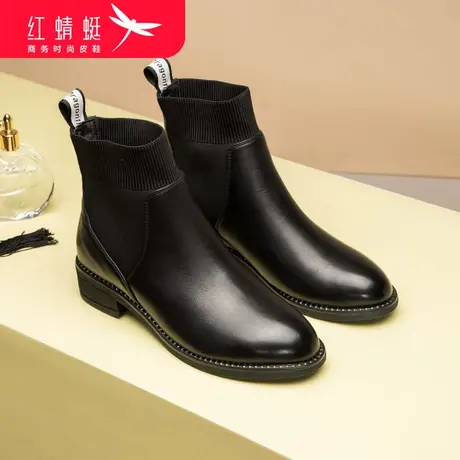 红蜻蜓女鞋2023新款真皮短靴女休闲短筒单靴子时尚英伦平底马丁靴图片