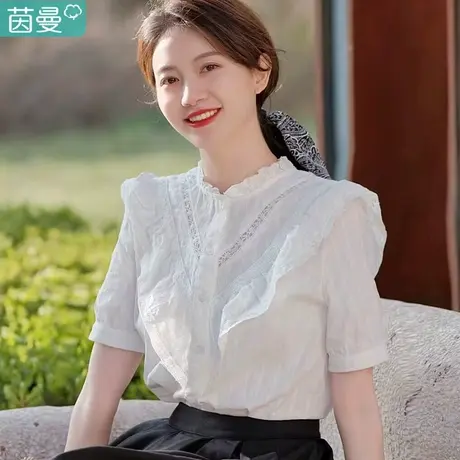 茵曼法式白色短袖衬衫女2023年夏季新款显瘦甜美上衣纯棉飞袖衬衣商品大图