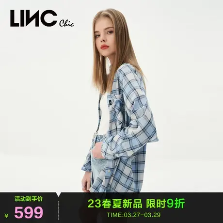 LINC金羽杰格纹衬衫女2023年秋季新款轻透宽松落肩造型感女士上衣商品大图