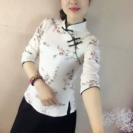 中国风棉麻盘扣女装改良短款修身旗袍上衣中式端庄唐装女茶服套装商品大图