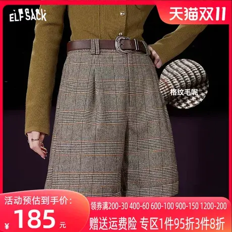 妖精的口袋高腰格纹毛呢短裤女2023冬季新款复古英伦学院风裤子商品大图