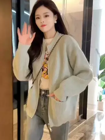 拉链毛衣外套女2023年秋季新款宽松慵懒风小个子针织开衫春秋外搭商品大图