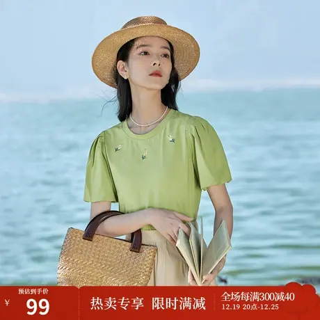 茵曼清新百搭T恤2023夏女装新款纯色修身显瘦圆领泡泡袖绣花上衣商品大图