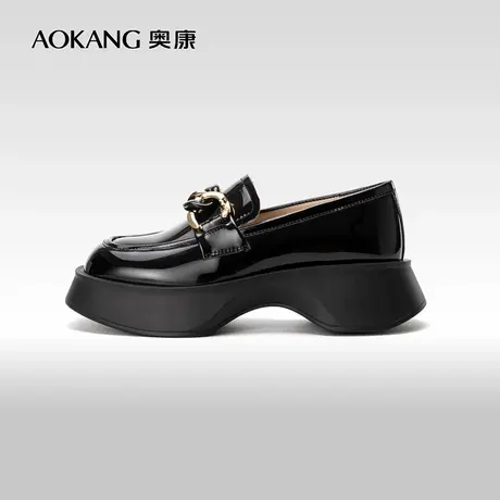 奥康女鞋 春秋季新款真皮女单鞋漆皮休闲时尚百搭厚底小皮鞋图片