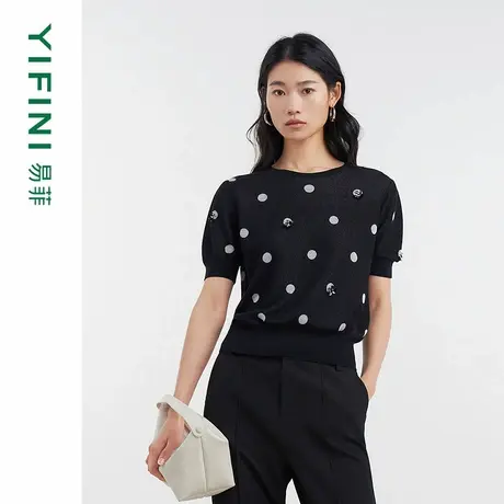 [专柜同款]Yifini/易菲宽松高捻棉绣花波点针织衫女毛衫D04M1406商品大图