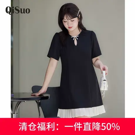 绮娑大码女装新夏款收腰高级感A字小黑裙藏肉短袖显瘦胖mm连衣裙商品大图