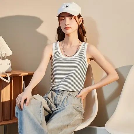 唐狮条纹针织背心女夏季新款镂空设计感显瘦外穿美式吊带无袖上衣图片