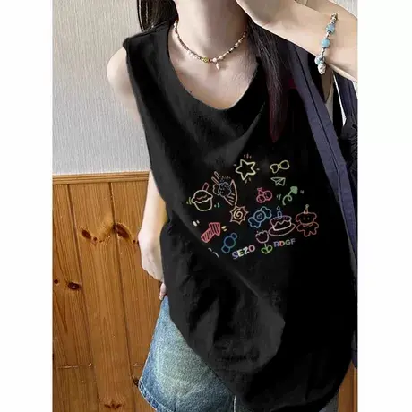 纯棉吊带运动坎肩背心无袖t恤女夏外穿高级感慵懒风宽松挂脖上衣图片