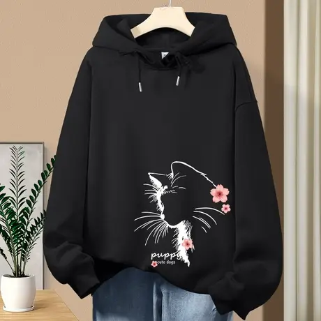 KV真维斯黑色连帽卫衣女春秋款2025新款宽松显瘦外套小个子上衣服商品大图