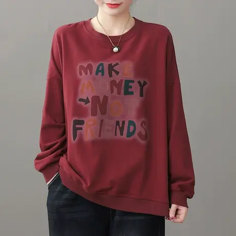 dza 复古纯棉印花休闲卫衣女士春季辛苦宽松休闲白搭长袖薄款上衣图片