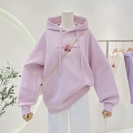 植绒小众兔子图案连帽卫衣女春秋2023新款百搭宽松洋气上衣外套图片