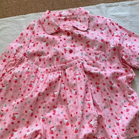 草莓kitty睡衣女纯棉双层纱短袖套装2025新款卡通甜美家居服商品大图