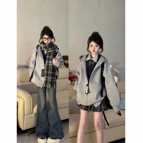 美式复古灰色连帽开衫卫衣女早秋2025新款oversize松弛感慵懒外套图片