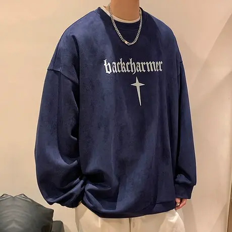 麂皮绒重磅卫衣男美式复古宽松外套男生穿搭休闲帅气新款长袖t恤商品大图