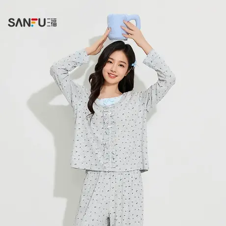 三福女秋季撞色花边圆领套装 清新甜美蝴蝶结宽松家居服506720商品大图