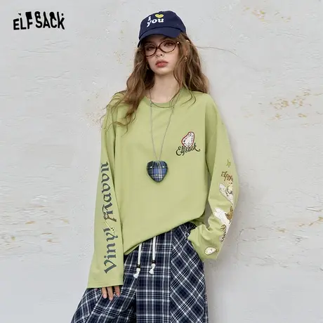 妖精的口袋卡通印花长袖t恤女2025年早秋新款设计感小众休闲上衣图片