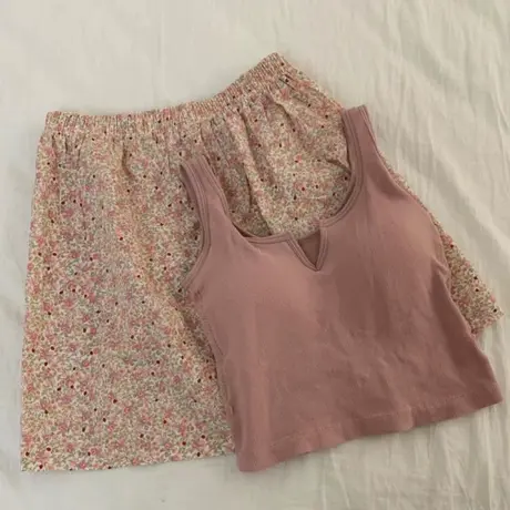 带胸垫背心短裤两件套女夏季韩版百搭别致居家外穿薄款休闲套装潮商品大图