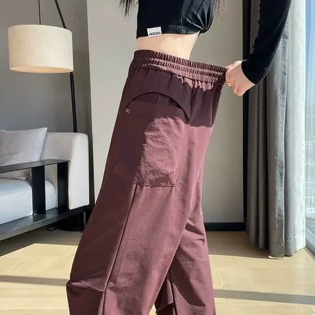 安可拉红束脚工装裤女秋季新款抽绳松紧高腰宽松显瘦休闲阔腿裤子商品大图