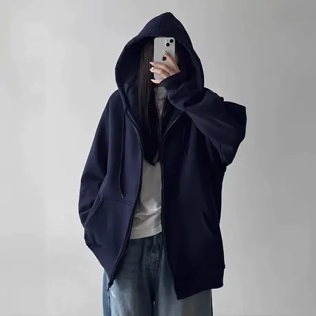 藏青色卫衣女秋季2025新款大码薄款连帽拉链开衫秋冬季加绒外套潮商品大图