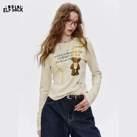妖精的口袋复古印花长袖t恤女2025秋新款设计感修身显瘦内搭上衣商品大图