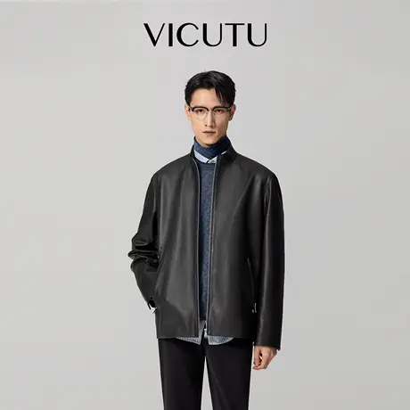 VICUTU威可多男士皮衣黑色立领羊皮革简约商务差旅百搭通勤机车服图片