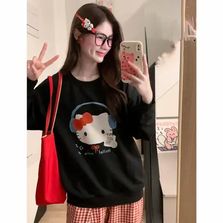 韩版趣味凯蒂猫印花宽松卫衣女简约百搭减龄个性潮牌黑色卫衣早秋商品大图
