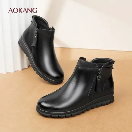 奥康 女鞋2025冬季新款真皮防滑妈妈短靴加绒保暖软底棉鞋N图片