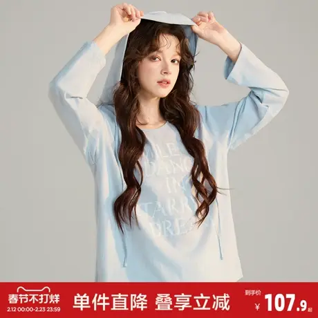 唐狮2026春季新款女连帽长袖T恤浅蓝色宽松连帽上衣休闲慵懒风图片