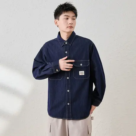 唐狮春夏季新款长袖衬衫男宽松高级牛仔衬衫简约潮流学生外套TMTA图片