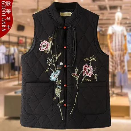 大码中老年女装秋冬羽绒棉马甲宽松洋气妈妈刺绣加厚棉服马夹外套商品大图