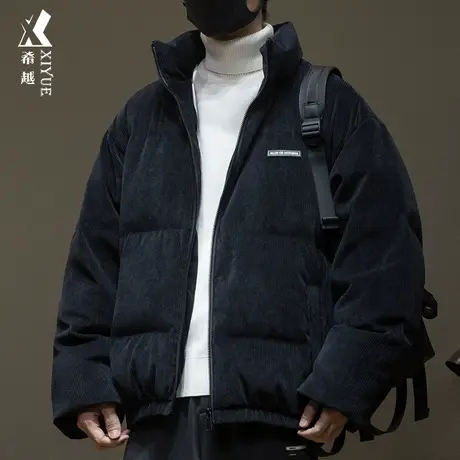 希越新国标鸭绒无帽立领羽绒服男冬季宽松大码日系复古面包服外套商品大图
