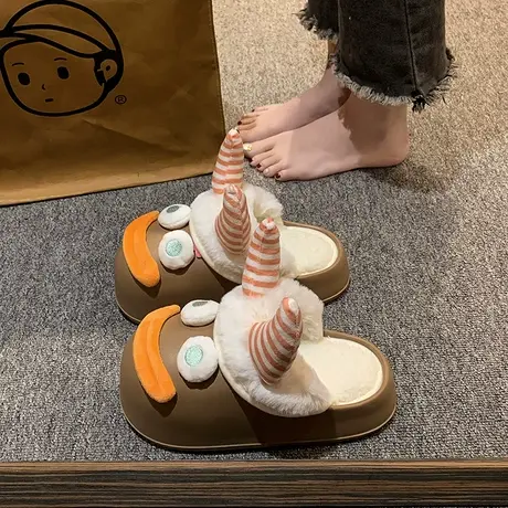 个性犄角香肠嘴丑萌怪兽EVA防水棉拖鞋冬厚底松糕包头拖防滑外穿商品大图