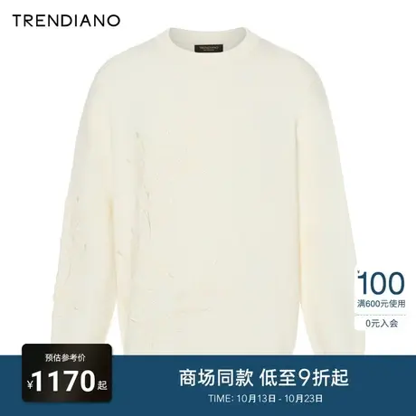 TRENDIANO经典系列花朵贴绣宽松圆领绵羊毛毛衣男2023新款冬季图片