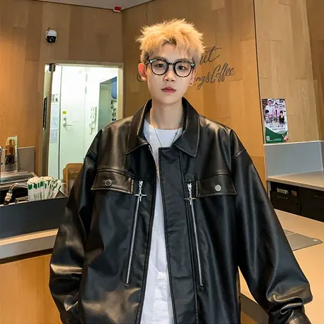 秋冬季拉链开衫皮衣男oversize工装机能风宽松潮流翻领西海岸外套图片