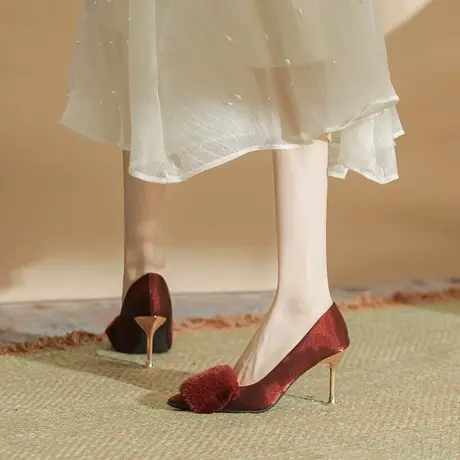 酒红色毛毛高跟鞋女细跟2023秋新款设计感小众性感尖头单鞋配裙子商品大图