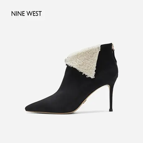 Nine West/玖熙羊羔毛拼接短靴女2023冬新款尖头反绒千金风时装靴图片