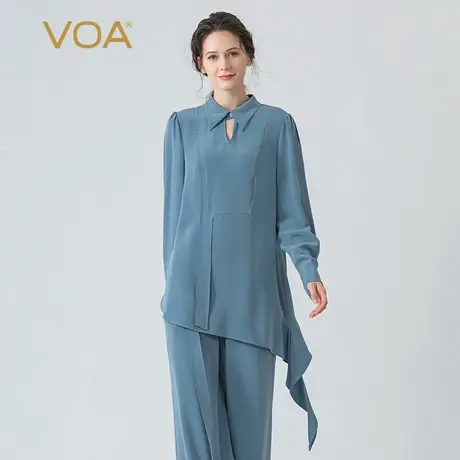 VOA30姆米重磅桑蚕丝竹月蓝Polo领不对称设计衬衫长袖真丝T恤图片