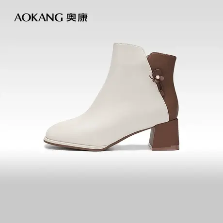 【门店发货】奥康女鞋 冬季新款真皮拼色鞋面时装靴简约百搭商品大图