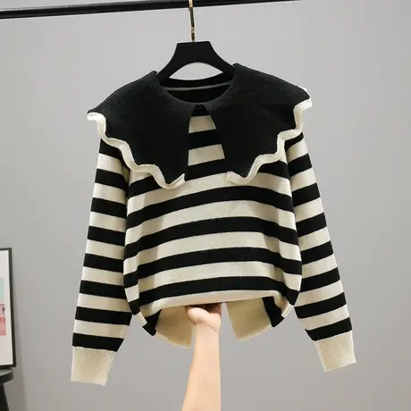 2023春秋新款韩版宽松花边领针织衫套头条纹毛衣长袖打底上衣女士商品大图