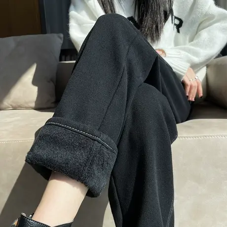 加绒黑色哈伦牛仔裤女春秋季加厚高腰显瘦直筒宽松萝卜老爹裤子潮商品大图