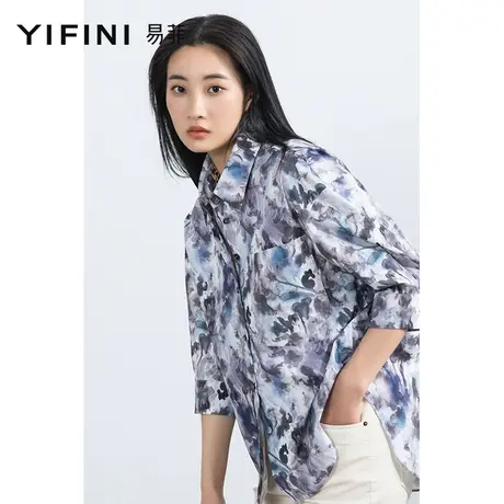 Yifini/易菲纯棉水墨印花宽松衬衫女夏季新款五分袖薄款外套商品大图