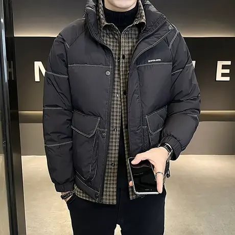 潮牌格子拼接假两件明线工装羽绒服冬季韩版轻熟风保暖白鸭绒外套图片