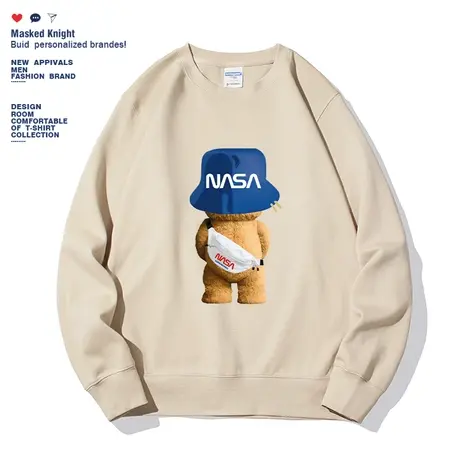 卡其色美式休闲潮牌卡通小熊印花卫衣男秋季宽松休闲圆领长袖上衣商品大图