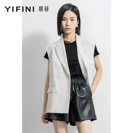 Yifini/易菲工装无袖马夹女春夏新款西装外套杏色双排扣马甲图片