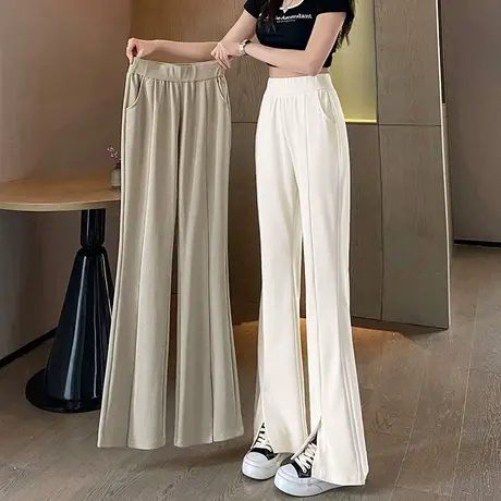 垂感喇叭裤女夏季薄款卡其色裤子休闲百搭开叉微喇裤小个子九分裤商品大图