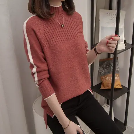 半高领毛衣女套头夹色长袖显瘦打底针织衫女内搭图片